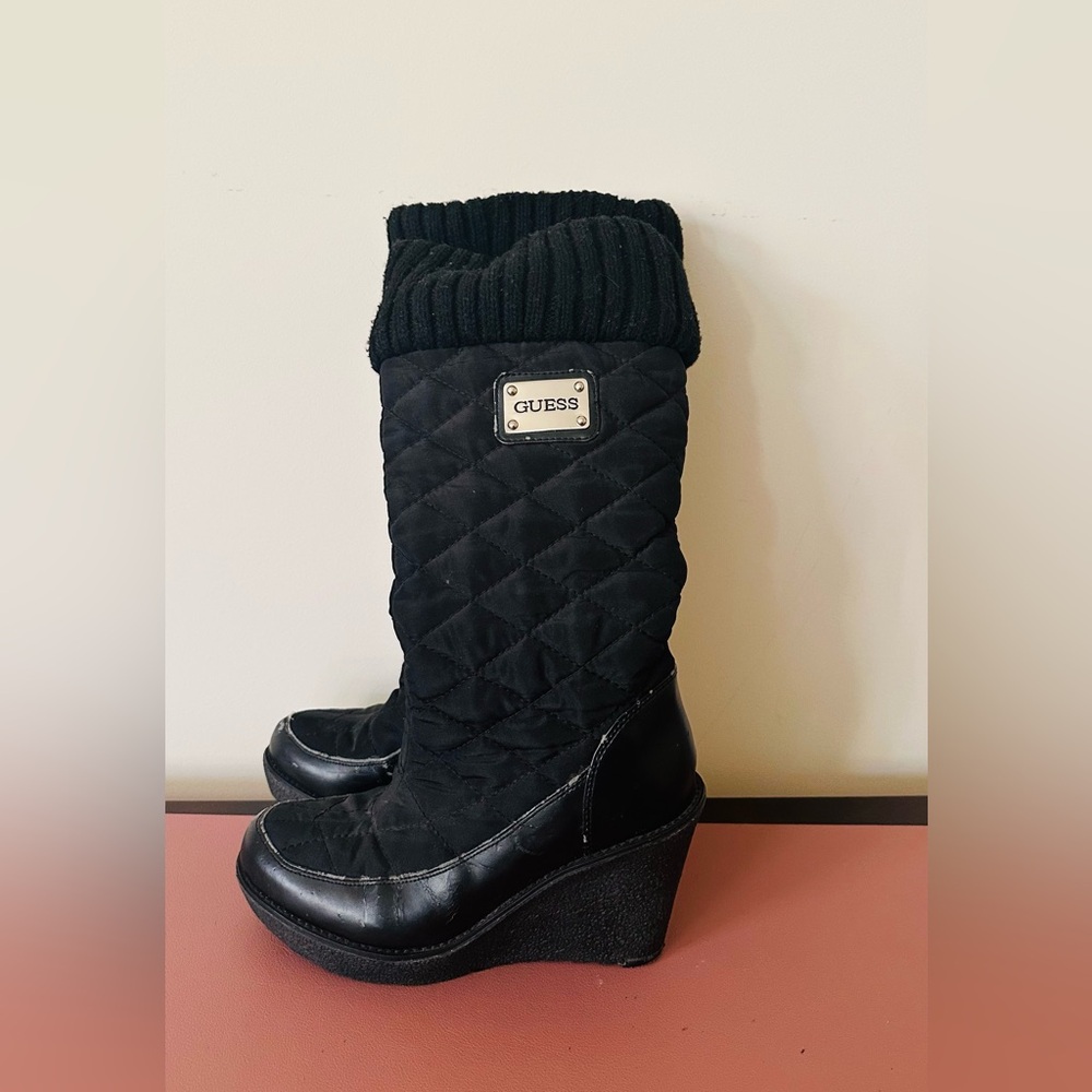 Guess Black Quilted Winter Wedge Boots